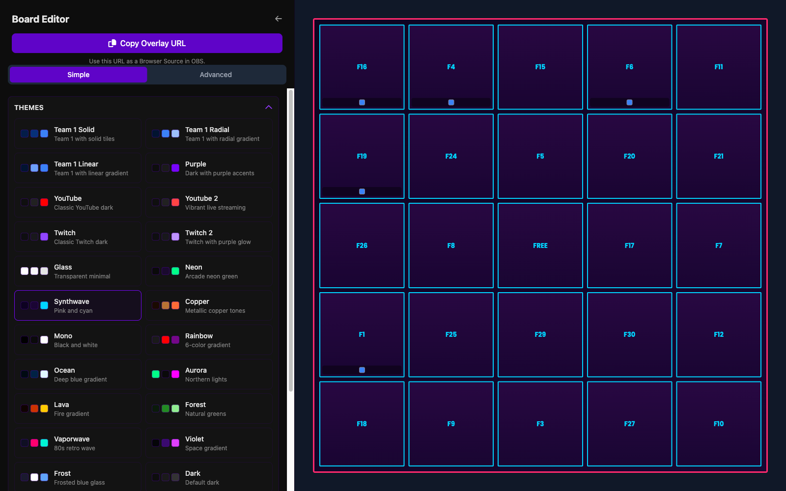 Overlay editor showing theme selection and styled board preview