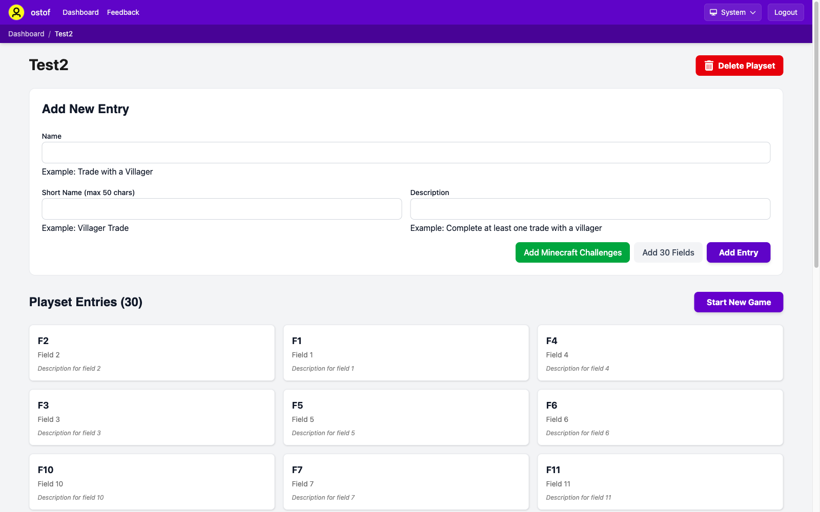 Playset editor showing field list and add entry form